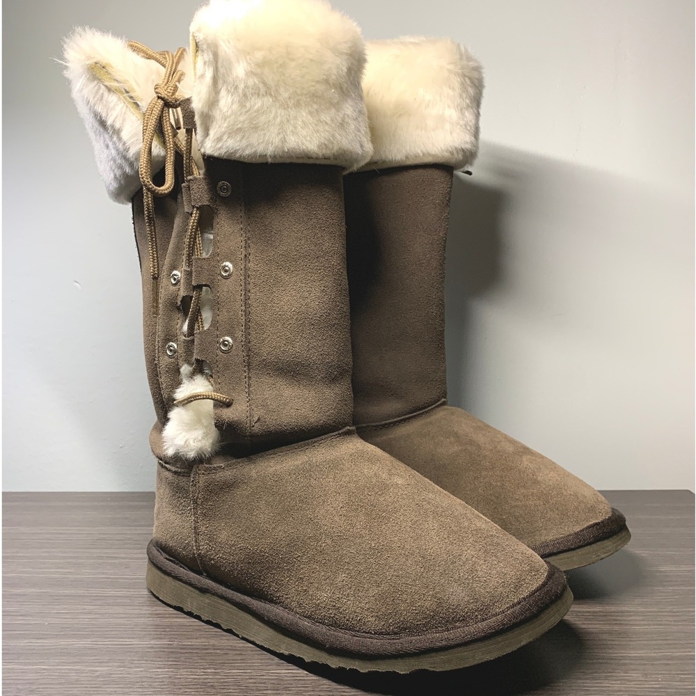UGG Australia Sunburst Tall Brown Suede Shearling Lace Up Boots Womens